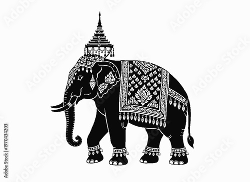 Royal Elephant Illustration: A detailed monochrome illustration of a regal elephant adorned with traditional ceremonial decorations, embodying cultural richness.