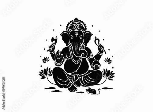 Divine Ganesha Silhouette: A striking silhouette of Ganesha, the revered deity, depicted in a classic pose, exuding serenity and wisdom, perfect for conveying spirituality and cultural richness.