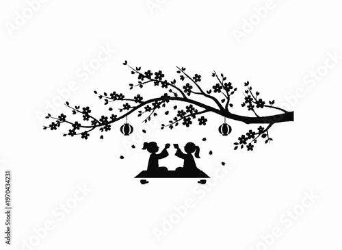 Silhouette Tea Party Under Cherry Blossom: A serene silhouette of two figures enjoying a tea party beneath the delicate branches of a cherry blossom tree, adorned with lanterns.