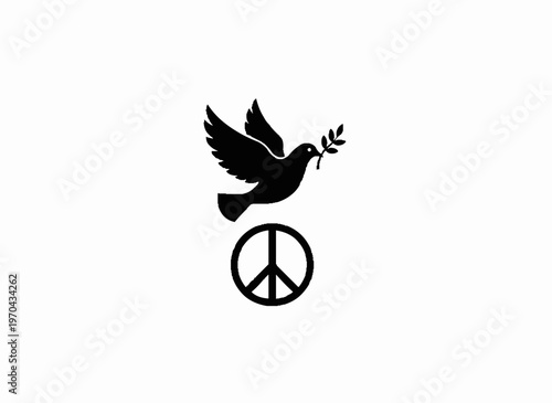 Symbol of Peace: A stylized dove gracefully ascends, a symbol of hope and serenity, carrying an olive branch, the embodiment of tranquility, above a globally recognized symbol of unity and harmony.