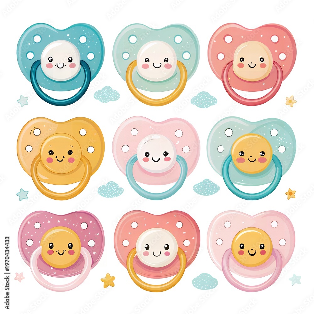 Fototapeta premium Cute Baby Pacifiers Colorful Heart Shaped Soothers Infant Teethers Newborn Essentials