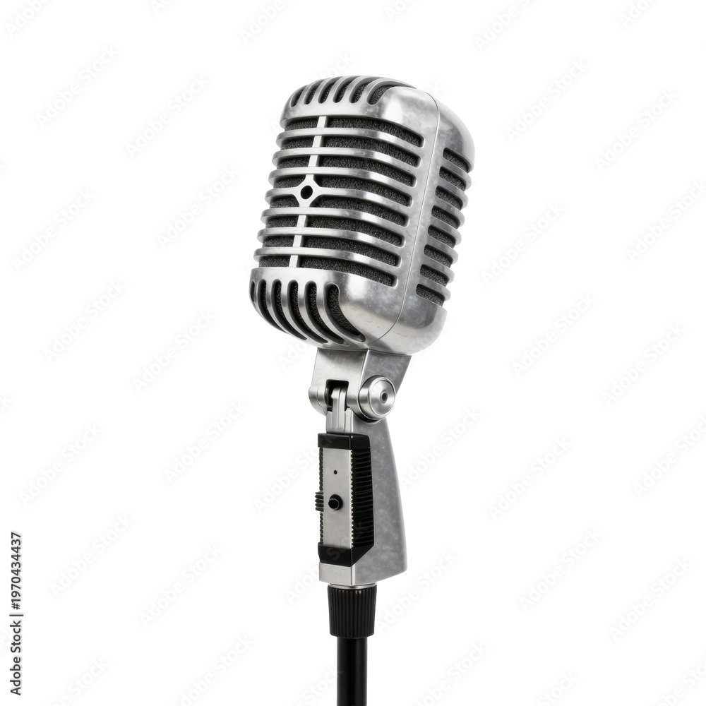 Fototapeta premium Vintage microphone stands tall on a white background, ready for performance