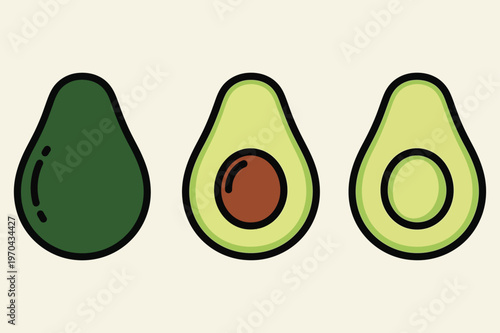Minimalist Avocado Set Vector Illustration Whole and Halved Fruit Design