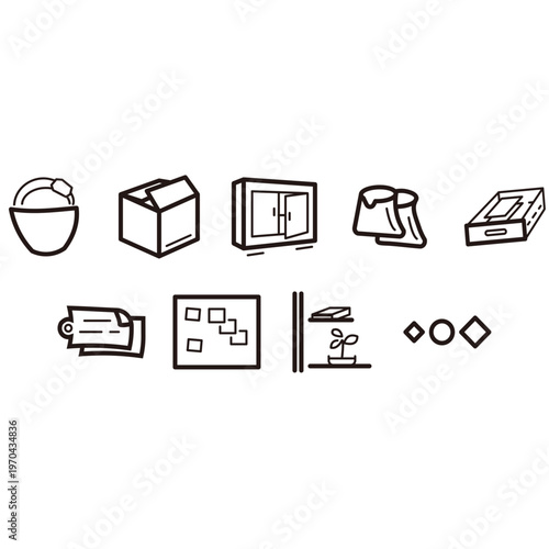 Hand-drawn home organization and storage icon set, doodle style vector illustrations of boxes, shelves, wardrobe, and labels.
