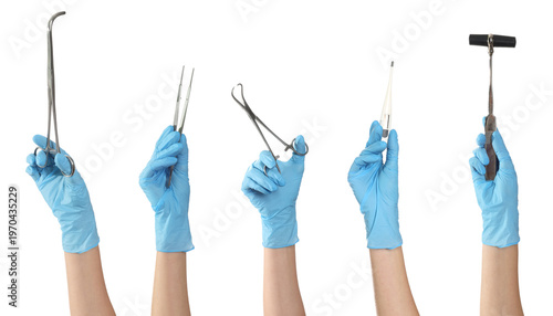 Cuadro en lienzo Medical instruments in hands against white background, set