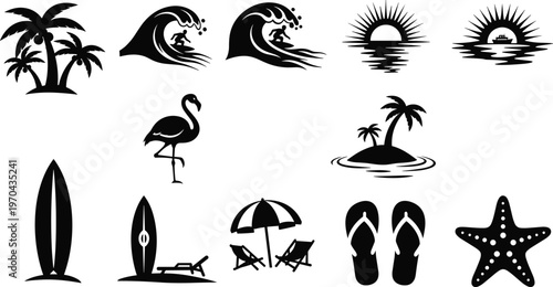 A collection of black silhouettes depicts a tropical vacation theme showcasing surfing palm trees and seaside elements high quality professional detailed modern elegant