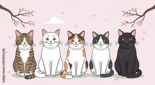 Five adorable cats with varied fur patterns are peacefully seated in a row against a soft pink backdrop with floral accents high quality