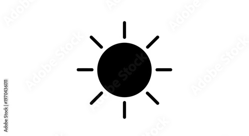 Minimalist Black Sun Icon with Radial Rays on White Background, Symbolizing Brightness, Light, Weather, or UI Element