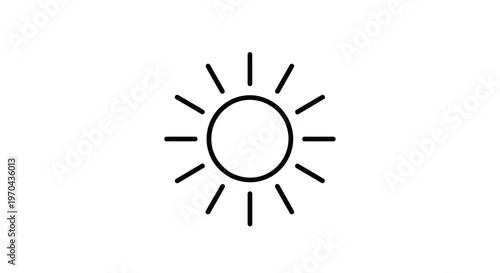 Simple black and white line art sun icon. Minimalist graphic symbol representing weather, bright light, summer, and warmth.