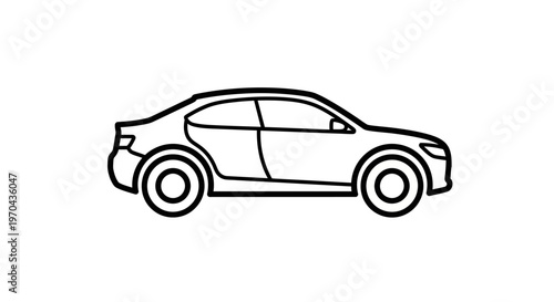 Simple Line Art Drawing of a Sedan Car Icon. Black and white outline illustration of a generic automobile vehicle from the side.