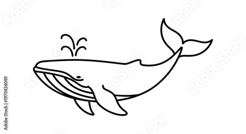 Minimalist Line Art Whale Illustration Spouting Water. Simple Cartoon Ocean Marine Animal Outline Drawing.
