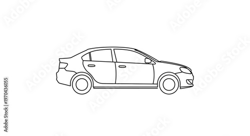 Generic Sedan Car Line Art Vector Illustration, Side View Outline Drawing, Simple Automobile Graphic Icon