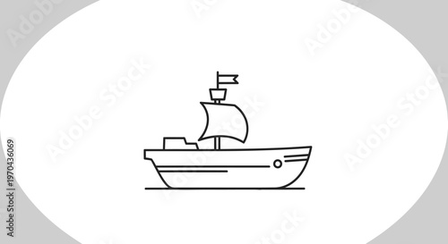 Minimalist outline vector icon of a sailing ship with a mast, sail, and flag. Boat symbol for travel, adventure, and navigation.