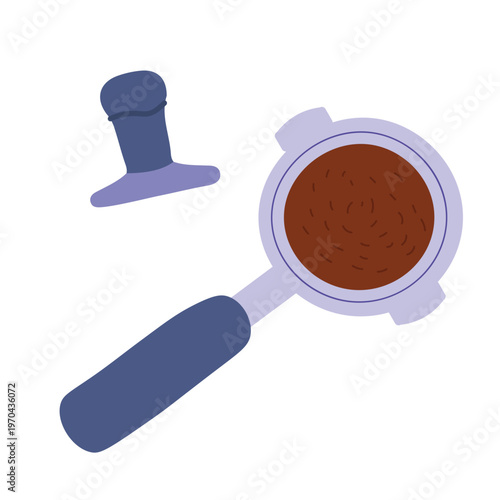 Coffee machine tools including tamper and portafilter in a clean and simple design. Modern illustration with clear shapes and neutral colors. 