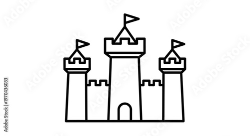 Stylized Castle Icon Outline Drawing with Turrets and Battlements. Fantasy Kingdom Fortress Line Art Graphic Element