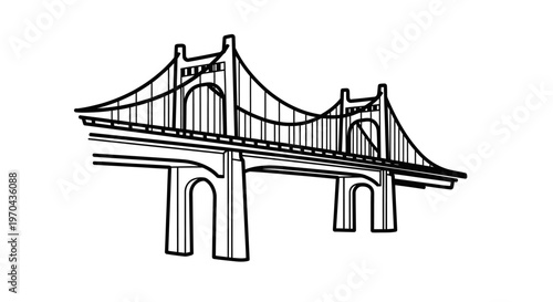 Black and white line art illustration of a suspension bridge. Vector graphic outlining a modern architectural structure for connection.