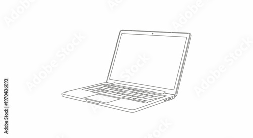 Minimalist line art illustration of a laptop computer, simple black and white vector sketch of a modern digital device.
