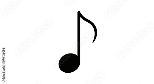 Simple black eighth musical note icon or quaver symbol on a clean white background, representing sound, melody, rhythm, and music