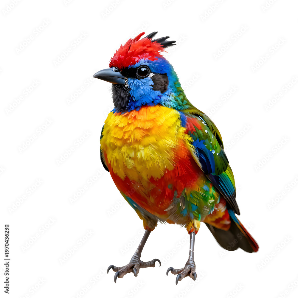 Fototapeta premium Colorful paradise tanager stands out against a dark background displaying a vibrant plumage