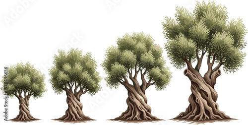 Beautiful vector illustration collection of various olive trees featuring twisted ancient wooden trunks and green Mediterranean foliage isolated on a clean white background.