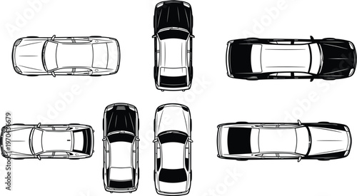 Black and white vector illustration set featuring top view outlines of various modern sedan cars and luxury vehicles isolated on white background for architectural planning.