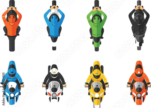 Colorful vector illustration collection of various motorcycles and riders in top view perspective featuring sport bikes and cruisers isolated on white for planning.