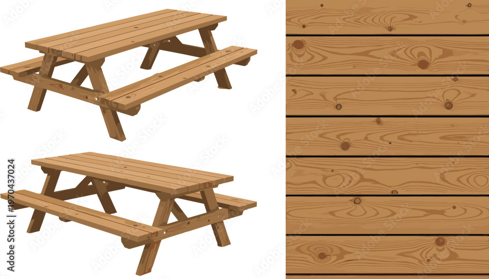 Αυτοκόλλητο Detailed vector illustration set of wooden picnic tables in perspective views alongside a seamless brown timber plank texture background for outdoor furniture design