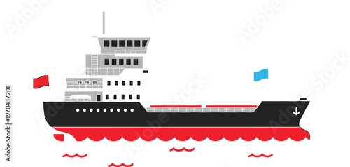 Vector illustration of a modern cargo ship container vessel with a black hull and red bottom sailing on water isolated on white background.