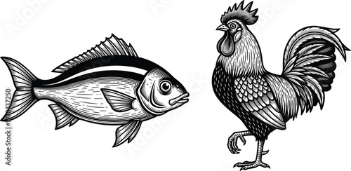 Vintage woodcut style vector illustration featuring a detailed fish and a proud rooster with intricate line work isolated on a clean white background.