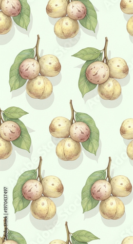 Seamless pattern of delicious nutmeg fruits displayed with green leaves, inviting an interest of nature's bounty and the essence of the tropics.