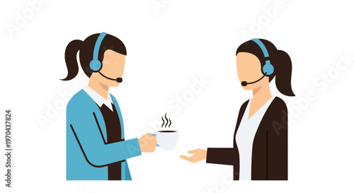 Two women wearing headsets and exchanging a cup of coffee.