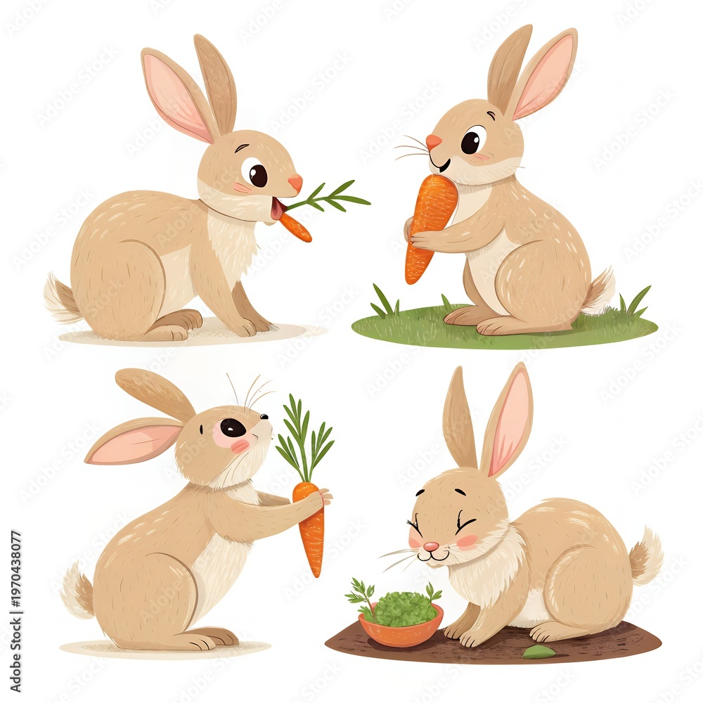 Fototapeta premium Adorable Bunny Rabbits Eating Carrots Illustration Set