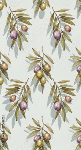 A repeating pattern of olive branches, with ripe, plump olives and detailed leaves against a light background, exuding a sense of freshness and natural beauty.