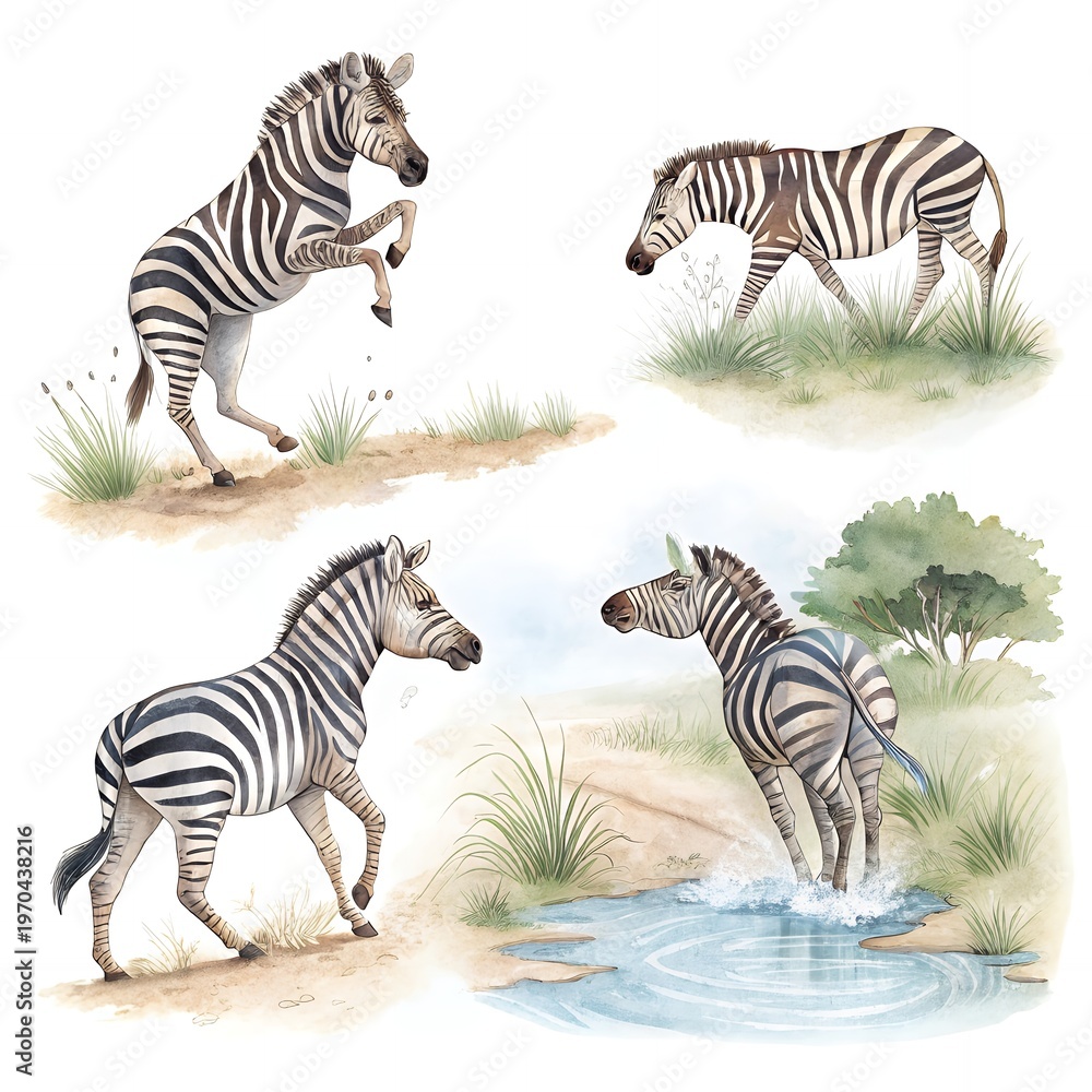 Obraz premium Four Zebras in African Savanna Watercolor Illustration of Wildlife Nature Animals