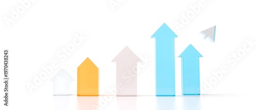 Financial growth and upward trend represented by a bar chart with rising arrows and a cursor indicating progress and success