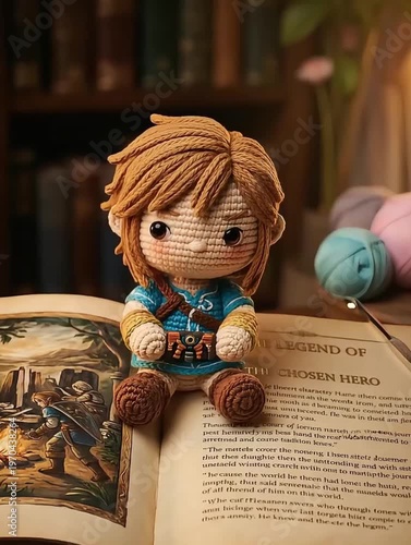 Crochet Warrior Doll with Brown Hair and Blue Tunic Seated by Book