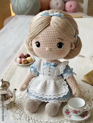 Handmade Crochet Doll with Blonde Hair in Blue and White Lace Dress