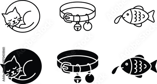 A set of black and white icons featuring cats and fish with collars