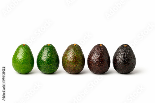 Row of avocados at different ripeness stages on white background, healthy food nutrition concept