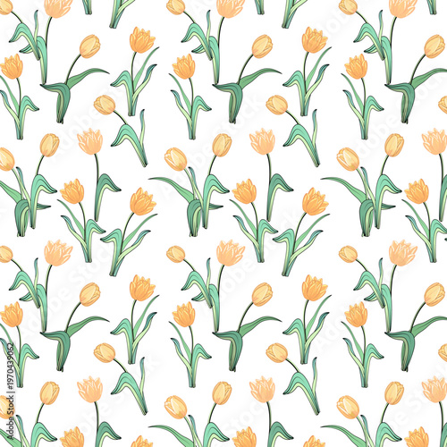 White background with yellow tulips.Vector seamless pattern with yellow tulips on a white background.