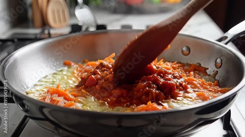 Cooking vegetables in a frying pan on a stove top.