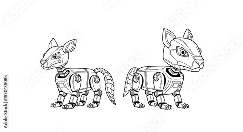 Stylized robotic canine line art illustration. Futuristic mechanical animal with detailed cybernetic design. Black and white vector.