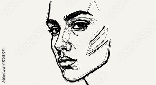 Minimalist continuous line art drawing of a woman's face. Abstract female portrait sketch on a light background, elegant and modern.