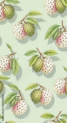 A refreshing watercolor illustration presents an intricate pattern of custard apples on a soft green backdrop, exuding a sense of freshness and natural beauty.