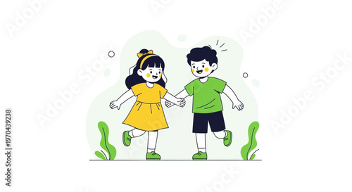 Cute boy and girl holding hands walking together, smiling, happy children friendship cartoon style