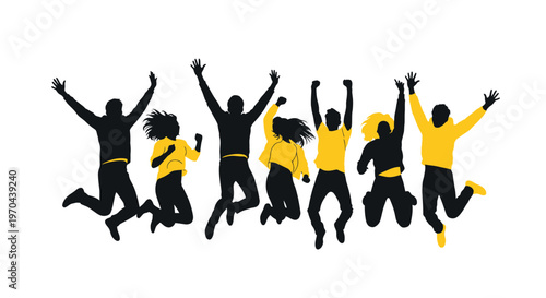 Group of diverse people jumping for joy, celebrating success, happiness and excitement illustration