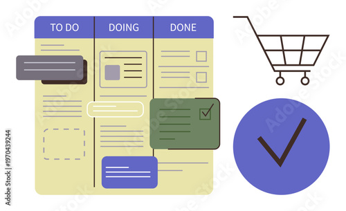 Project management, organization, productivity, workflow processes, task prioritization, checklist tracking. Visual of a Kanban board, shopping cart symbol and a large checkmark. Project management