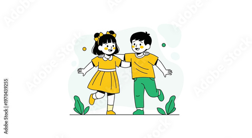 Two children, a boy and a girl, walking together, arms around each other, smiling