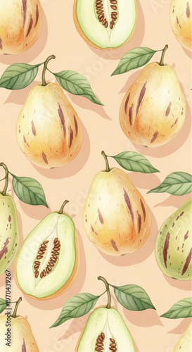 A refreshing and appetizing illustration, the pepino melons are presented in a visually stunning display with beautiful leaf, on a smooth background.