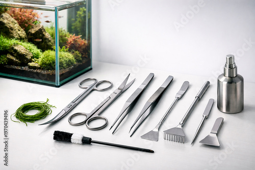 Aquarium maintenance tools set near planted fish tank, aquascaping aquarium care concept